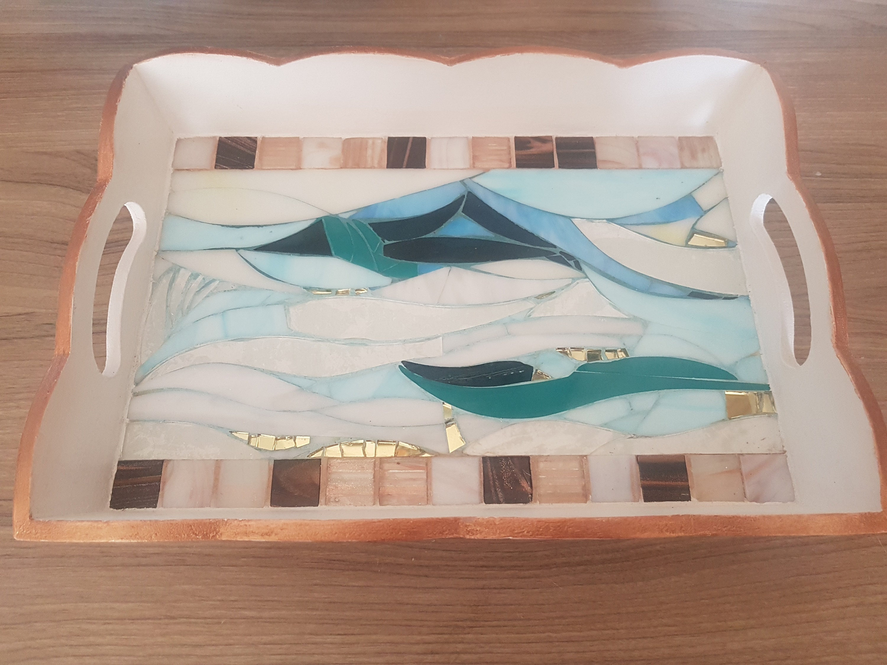 Plateau en Mosaïque de Verre Vitrail et Or, Plateau Service ou Petit Déjeuner, Paysage Montagne