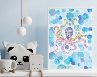 Original Watercolor "Majestic Octopus", watercolor with metallic effects