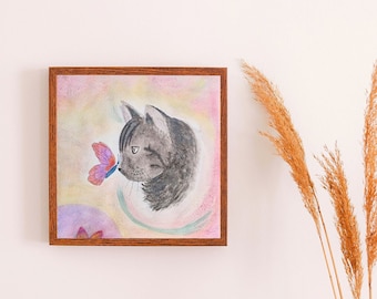 Aquarelle Originale Chat et papillon, aquarelle à effet métallisés