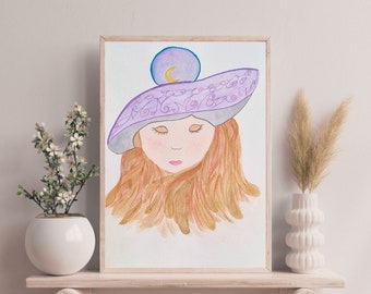 Original Watercolor The young Woman, sweet modern witch "Ludivine", watercolor with metallic effect