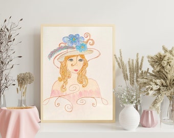 Aquarelle Originale "La jeune fille au chapeau, Anastasia", aquarelle à effet métallisés