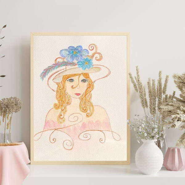 Aquarelle Originale "La jeune fille au chapeau, Anastasia", aquarelle à effet métallisés