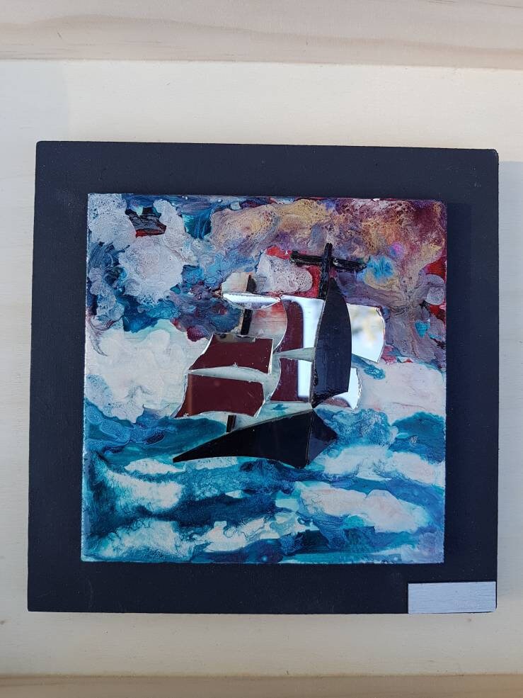 Tableau Bateau en Mer, Peinture et Mosaique. Tempête Mer