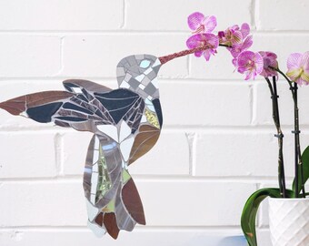 Hummingbird BROWN ICE and gold, in mosaic "I do my part" Bird decoration wall art or to pose