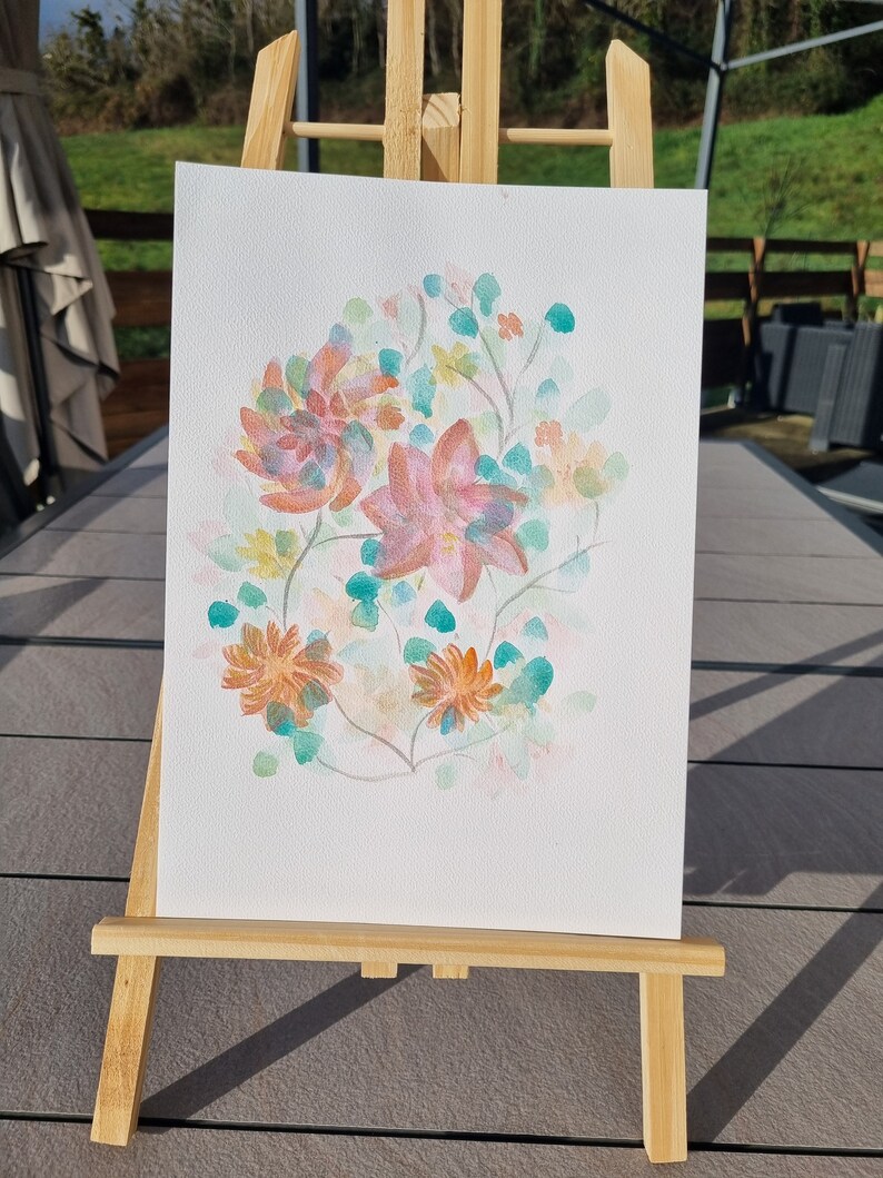 Aquarelle Originale Le jardin aux milles fleurs, aquarelle à effets métallisés image 2