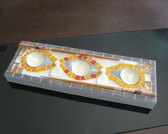 Grand bougeoir photophore, centre de table 3 bougies chauffe plat - asiatique - Mosaïque de verre pate de verre