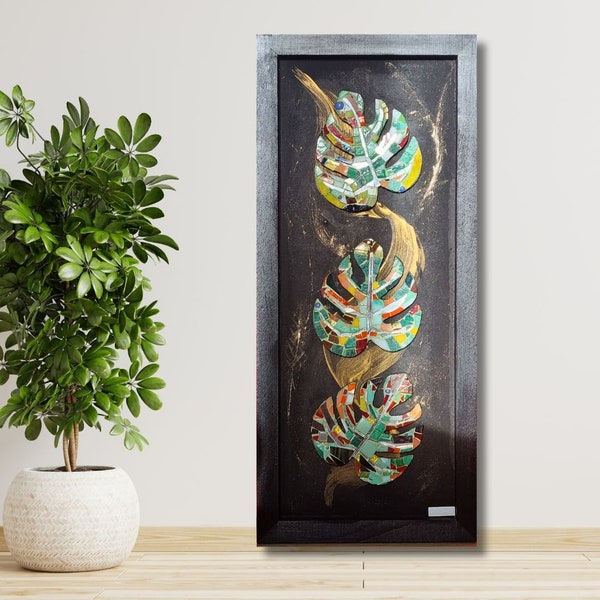 AUTOMNE ETERNEL, Tableau d'Art 3 feuilles Monstera en Mosaïque de verre, pâte de verre irisée et dorée et miroir, Réalisation sur commande