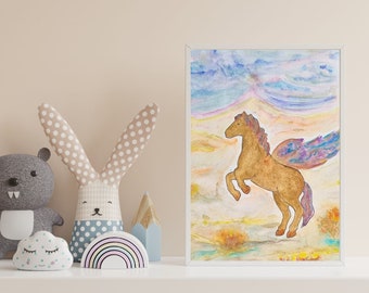 Original Watercolor "Wonderful winged horse", watercolor with metallic effects