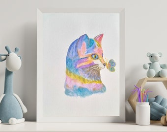 Aquarelle Originale Chat et papillon, aquarelle à effet métallisés