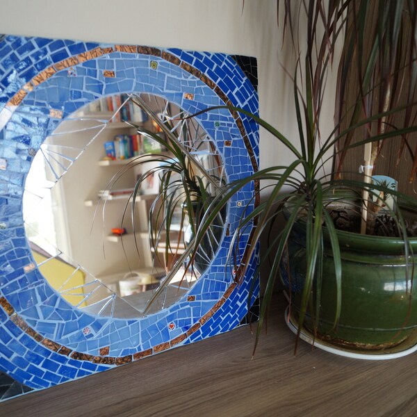 Miroir carré en mosaïque oriental et moderne, bleu et marron irisé