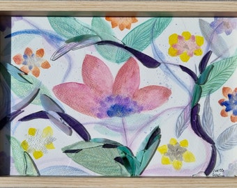 Mosaique et Aquarelle Originale "Douceur du Printemps", aquarelle à effet métallisés