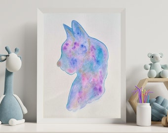 Aquarelle Originale Chat Univers, aquarelle à effet métallisés