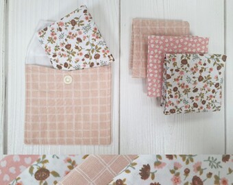 Small handkerchiefs in zero waste washable cotton fabric and their lined pouch