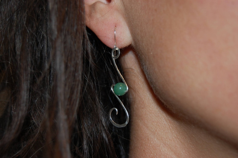 with green semi-precious stone and spiral aventurine pearl unique handmade jewel for women Solid silver earring
