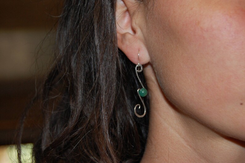 with green semi-precious stone and spiral aventurine pearl unique handmade jewel for women Solid silver earring