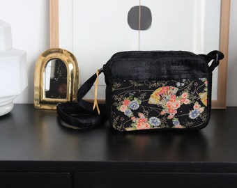 Sac rectangulaire en velours texturé noir et tissu japonais à motifs d'éventails