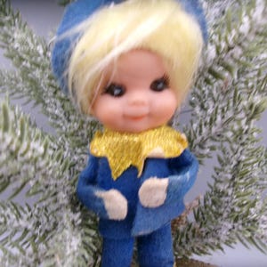 Napco Pixie Elf Poseable Blue Felt, Vintage Christmas Ornaments,