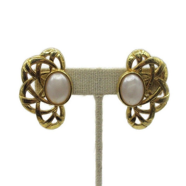 Vintage Gold Filigree Statement Earrings with Moonglow Cabochon