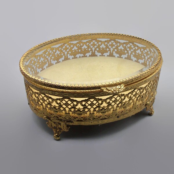 Gold Ormolu Filigree Jewelry Casket Box, Vintage Oval Beveled Glass Top