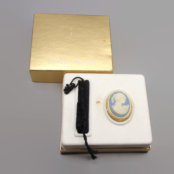 Estee Lauder Blue Cameo Perfume Compact in Original Box, Vintage Empty 2002