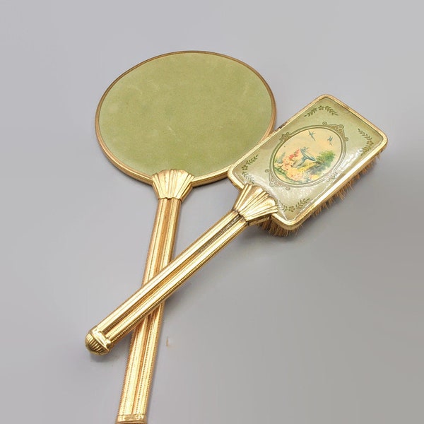 Vintage Vanity Hand Held Mirror and Brush,  Victorian Green Gold