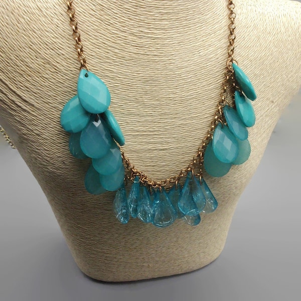 Statement Necklace Teal Aqua Two Tier Acrylic, Oval Teardrop Beads, 2 Layer Vintage