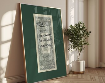 May include: A framed print of a US dollar bill with handwritten instructions for making a Negroni cocktail. The instructions read "Negroni 1 oz gin 1 oz Campari 1 oz vermouth orange twist".