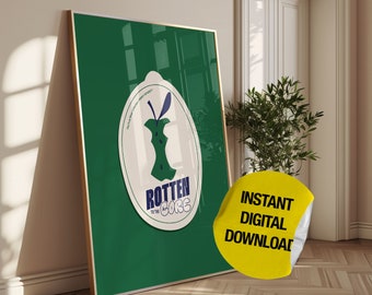May include: A digital download poster with a green background and a white oval sticker with a green apple with a bite taken out of it. The sticker says "Rotten to the Core". The poster also has a yellow sticker that says "Instant Digital Download".