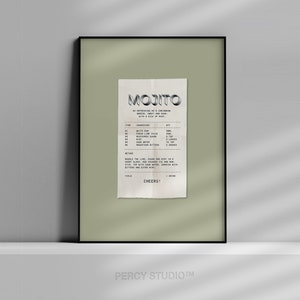 Póster de cóctel mojito / Regalo único / Impresión de cocina / Arte mural / Guía de cócteles / Póster de alcohol / Cócteles clásicos