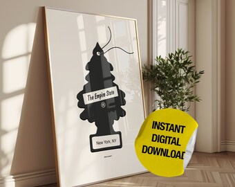 May include: A black and white printable poster featuring a stylized car air freshener with the text "The Empire State" and "New York, NY".