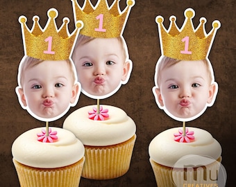 Personalized Gold Crown Cupcake Toppers, Custom Photo Birthday Party Decor (Digital Download)