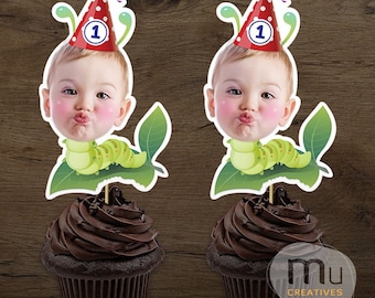 Personalized Caterpillar Cupcake Toppers, Custom Photo Insect Birthday Theme (Digital Download)