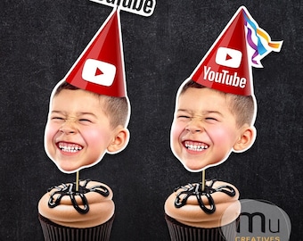 Custom Photo YouTube Cupcake Toppers, YouTube Creator Birthday Party Theme (Digital Download)