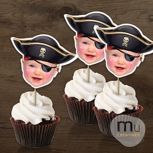 Print-It-Yourself (Digital Copy), Custom Photo Cupcake Toppers, Personalised Birthday Cake Toppers, Pirate Birthday Theme, Pirate Hat Topper