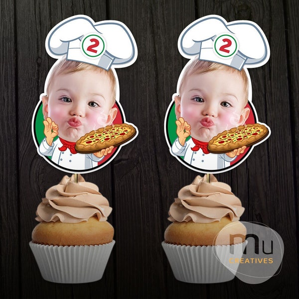 Print-It-Yourself (Digital Copy), Custom Photo Cupcake Toppers, Personalised Italian Pizza Birthday Party Theme, Chef Hat Cake Toppers