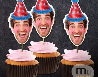 Personalized Birthday Hat Cupcake Toppers, Custom Photo Red Blue Purple Green Hats (Digital Download)