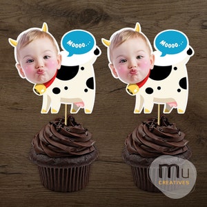 Print-It-Yourself (Digital Copy), Personalised Photo Cupcake Toppers, Custom Farm Cow Cake Toppers, Farmhouse Birthday Theme Decoration