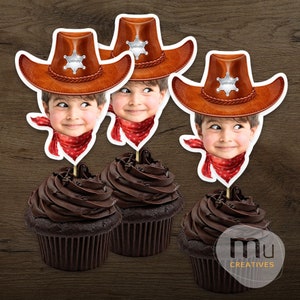 Print-It-Yourself (Digital Copy), Custom Photo Cupcake Toppers, Personalised Birthday Cake Toppers, Cowboy Birthday Theme, Cowboy Hat Topper