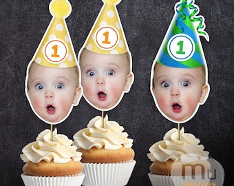 Personalized Photo Cupcake Toppers, Blue & Green or Yellow Birthday Party Hats (Digital Download)