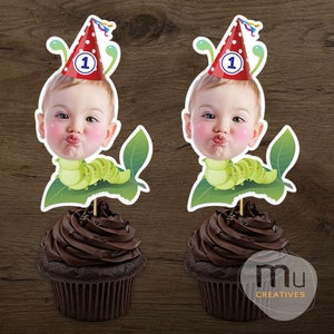 Print-It-Yourself (Digital Copy), Custom Photo Cupcake Toppers, Personalised Caterpillar Birthday Cake Toppers, Cute Insect Birthday Theme