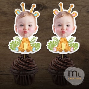 Print-It-Yourself (Digital Copy), Personalised Photo Cupcake Toppers, Wild One Birthday Party, Custom Giraffe Topper, Safari Jungle Party