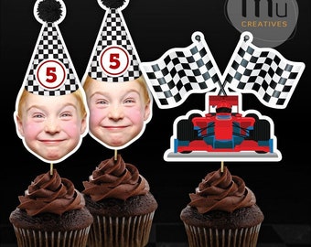 Topper per cupcake personalizzati con foto di corse automobilistiche, tema per festa di compleanno di Formula Uno (download digitale)