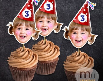 Personalized Birthday Cupcake Toppers, Custom Photo Party Hats Red Blue Orange Green (Digital Download)