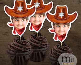 Personalized Photo Cowboy Cupcake Toppers, Western Birthday Party Hats (Digital Download)