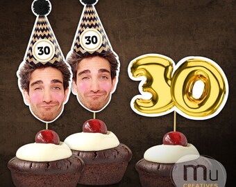 Personalized Gold Birthday Hat Cupcake Toppers, Custom Photo Black & Gold Party Decor (Digital Download)