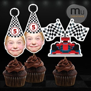 Personalised Photo Cupcake Toppers, Custom Car Racing Birthday Party Theme, Formula One, F1 Race Car Checkered Flag, Boys Kids Birthday