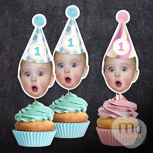 Print-It-Yourself (Digital Copy), Custom Photo Cupcake Toppers, Personalised Birthday Hat Cake Topper, Baby Pink, Baby Blue Party Theme