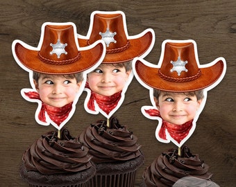 Print-It-Yourself (Digital Copy), Custom Photo Cupcake Toppers, Personalised Birthday Cake Toppers, Cowboy Birthday Theme, Cowboy Hat Topper