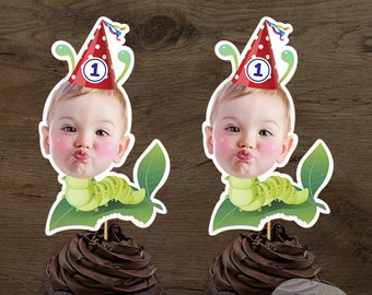 Print-It-Yourself (Digital Copy), Custom Photo Cupcake Toppers, Personalised Caterpillar Birthday Cake Toppers, Cute Insect Birthday Theme