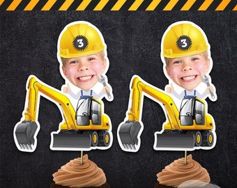 Print-It-Yourself (Digital Copy), Custom Photo Constructor Yellow Helmet Cupcake Toppers, Personalised Construction Boys Birthday Party